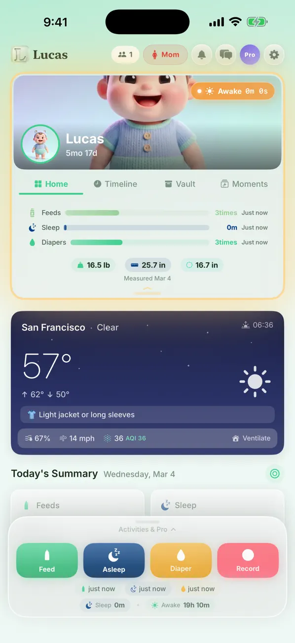 Lucas baby tracker home dashboard